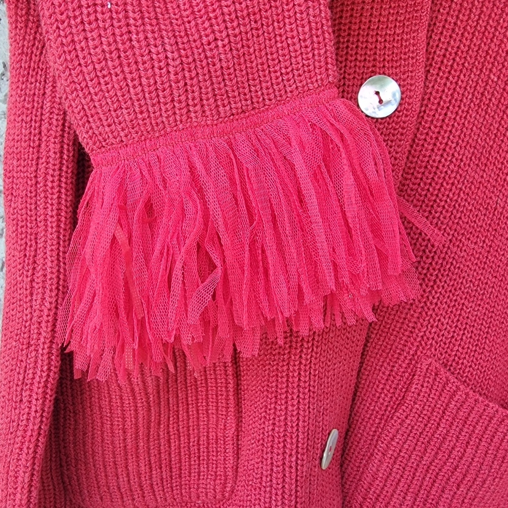 Nic+Zoe Deep Red Knit Cardigan M Tulle Fringe Cuffs Pearl Buttons Statement - Picture 10 of 13